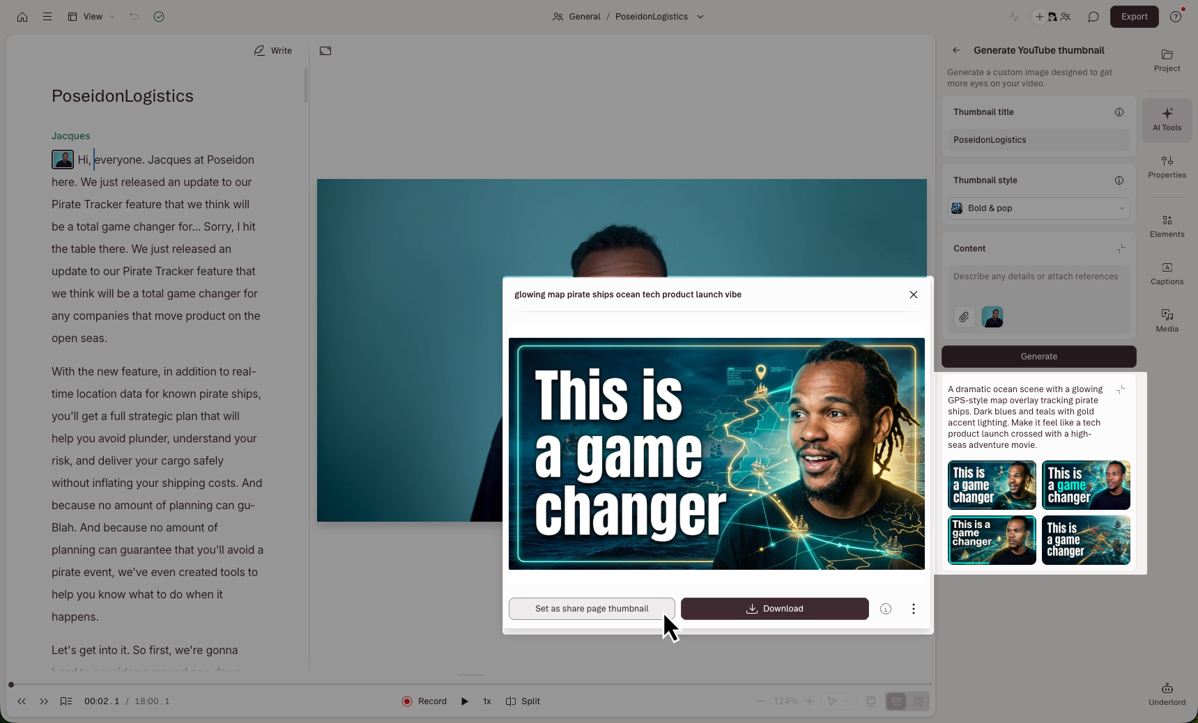 Four generated YouTube thumbnail options in Descript with the Set as share page thumbnail option highlighted
