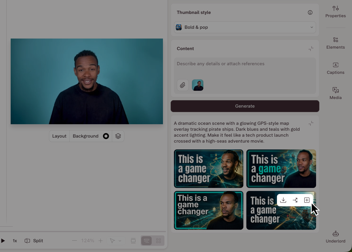 The Download, Reuse prompt, and Add as new layer options for a generated YouTube thumbnail