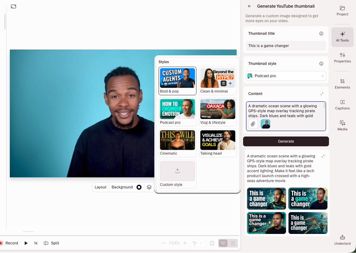 The Generate a YouTube thumbnail panel in the Descript AI tools sidebar