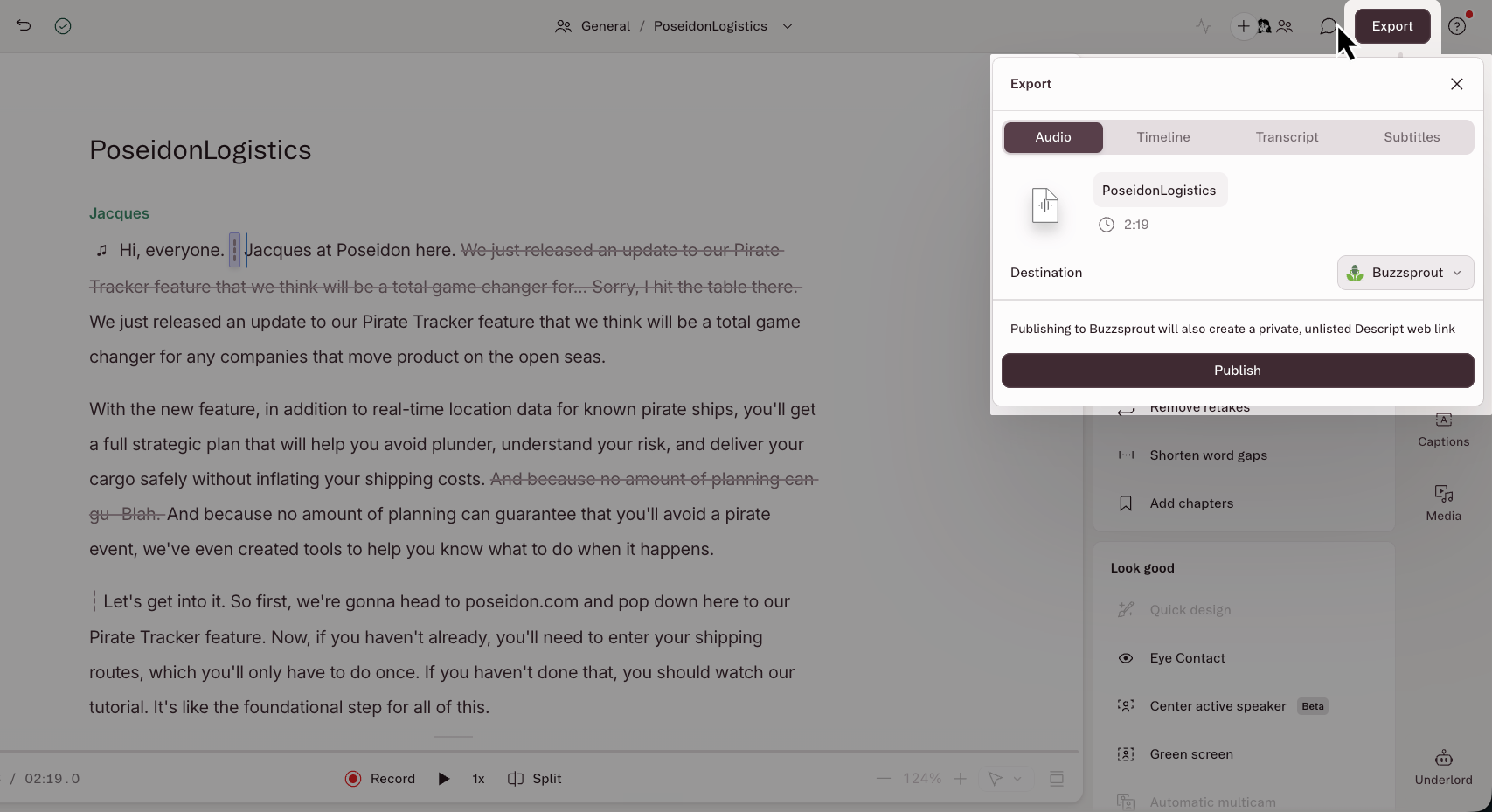 Buzzsprout selected in the Export destination menu