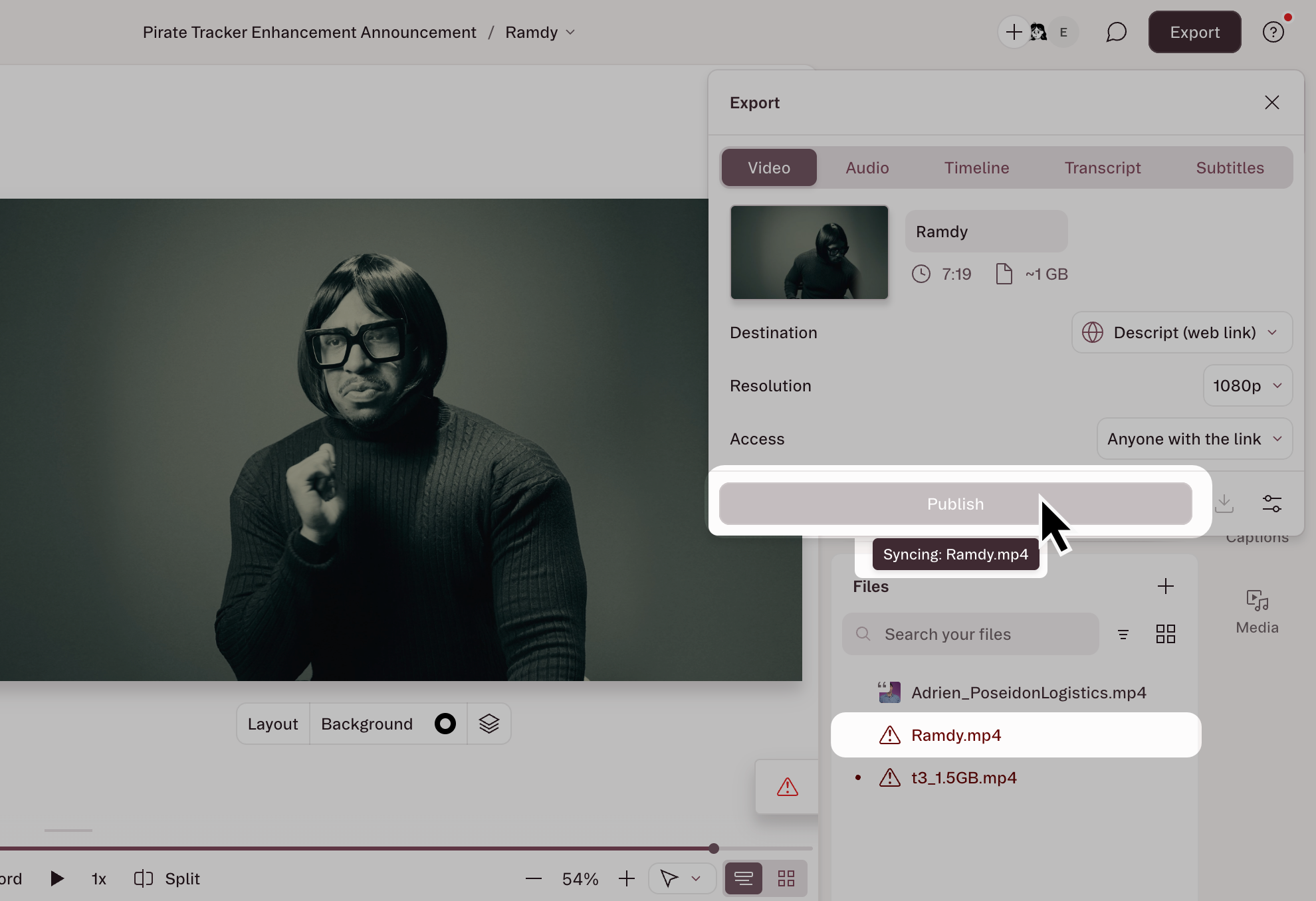 Disabled Publish button tooltip showing syncing media message