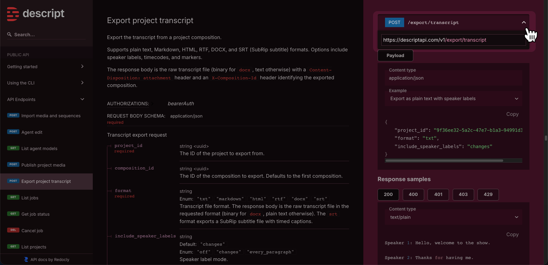 Descript's API docs website, with a drawer open to reveal an endpoint URL
